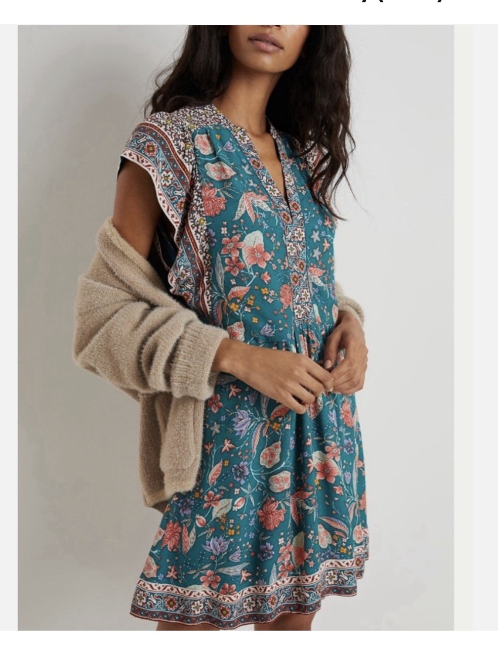 Anthropologie Zenia Floral Teal flutter Sleeve Dress, size small